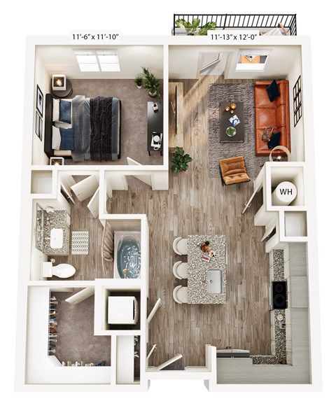 A top-down view of a small apartment layout with a living room, kitchen, and bathroom.